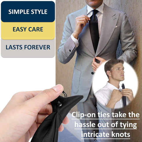 Clip on Ties for Men, 2 Pcs Black Clip on Tie & Tie Clips Set, 20 Inches Premium Solid Color Clip Ties for Men...