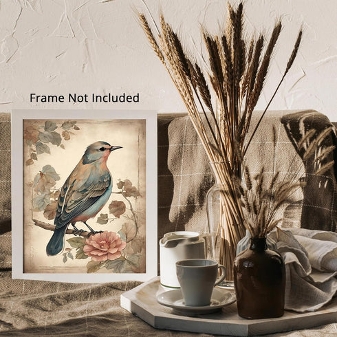 Posterizer 1 pcs- Green bird standing on a tree with wild pink flowers-Art for Animal Lovers-Floral Botanical Art-Gift for Men Women -Decor for Be...