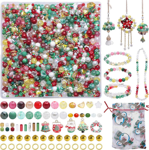 1305pcs Mixed Christmas Beads for Bracelets, Include Christmas Charms, Glass Beads, Spacer Beads, Christmas Ornaments Crafts Supplies Kit for Jewe...