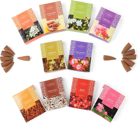 Premium Masala Back Flow Cones- NAQSH Masala Back Flow Natural Incense Cones Assorted 10 Fragrances with 8 Cones Each...