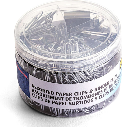 Officemate 340 Assorted Paper Clips and Binder Clips, Re-usable Storage Tub, Silver/Black (31040)...