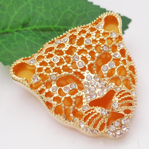 Navachi 18k Gold Plated Clear Crystal Black Enamel Leopard Head Brooch Pin...