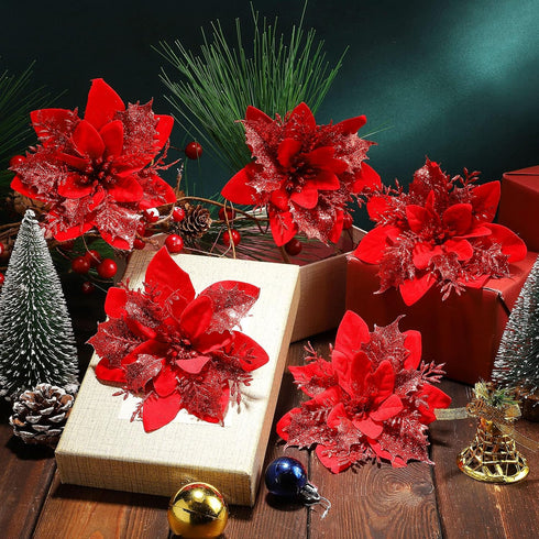24 Pieces Poinsettia Christmas Decorations Glitter Poinsettia Flowers 5.5 Inch Poinsettias Artificial Christmas Flowers for Christmas Tree Ornamen...