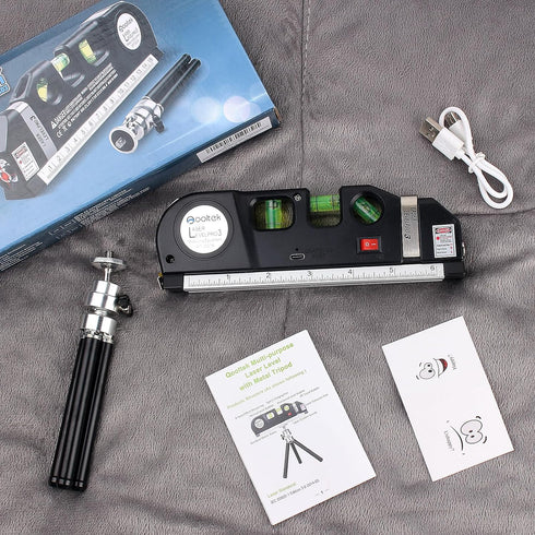 Laser Level line tool, Qooltek Multipurpose Cross Line Laser Adjusted Standard and Metric Rulers for hanging picture with Metal Tripod Stand and R...