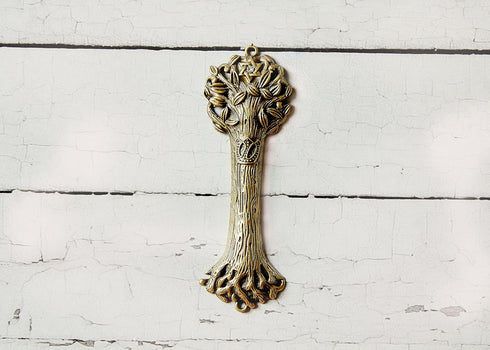 Bless This House, Tree of Life - Mezuzah Case, Wooden Texture Gold Color Design Crafted with David Star, for Jewish Homes (Large 5.5", Antique Gol...