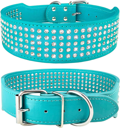 TEEMERRYCA 5 Rows Full Sparkly Rhinestone Dog Collars 2 Inch Wide Stylish Blingy Shiny Crystal Studded PU Leather Pet Collar for Medium Large Bree...