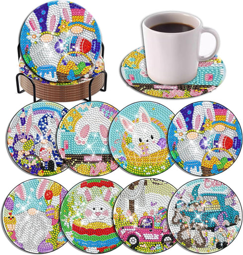 8 Pieces Easter Diamond Coasters Kits Holder DIY Easter Rabbit Diamond Art Coaster Coaster for Adults Diamond Kits Supplies for Spring Easter Gift...