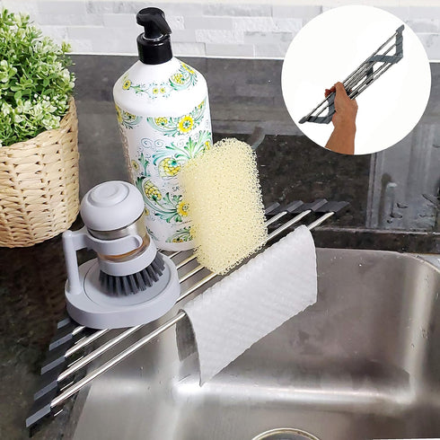 Roll Up Sponge Holder for Counter, Sink Organizer for Kitchen, Bathroom, Laundry Room, 304-Stainless Steel Sink Organizer for Sponge, Brush, Scrub...