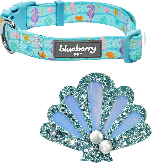 Blueberry Pet Summer Sparkle Dog Collar, Adjustable Medium Size, Neck 14.5"-20", Turquoise, Ocean Fish and Seahorse Print Nautical Pet Collar with...