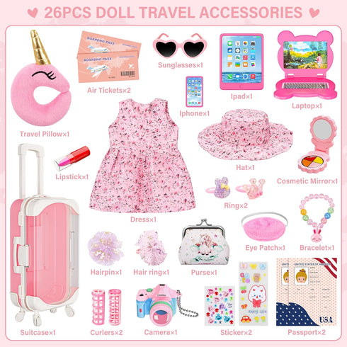 Doll Suitcase Travel Set, 18 inch Doll Clothes and Accessories - 26 Pcs Travel Pillow, Unicorn Bag, Sunglasses, Camera, Computer, Phone, Passport,...