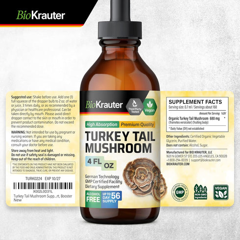 BIO KRAUTER Turkey Tail Mushroom Supplement - Turkey Tail Extract for Immune Support - Vegan, Alcohol & Sugar Free Drops 4 Fl.Oz....
