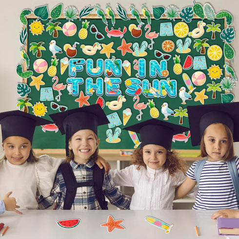 101Pcs Fun in The Sun Bulletin Board Decorations Summer Classroom Decor Pool Beach Leaf Paper Cutouts with Glue Points for Kids School Preschool O...