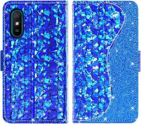 Asuwish Phone Case for Xiaomi Redmi 9A Redme 9i Wallet Cover with Tempered Glass Screen Protector and Wrist Strap Flip Card Holder Bling Glitter S...