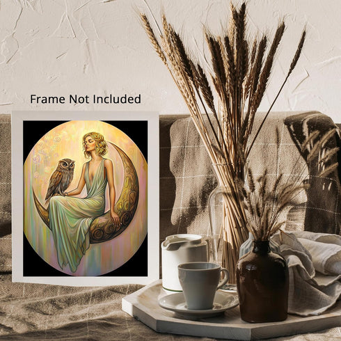 Posterizer 1 pcs-serene woman on crescent moon with an owl-oil painting style-1-Collectibles & Fine Art-Fantasy & Fiction Art-Decor for Home & Off...