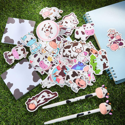 Cute Cow Pen Set 12 Cow Retractable Gel Ink Pens, 2 Cute Cow Pen 0.5 mm Retractable Black Gel Ink Pens, 2 Cow Sticky Notes, Cute Cow Stickers for ...