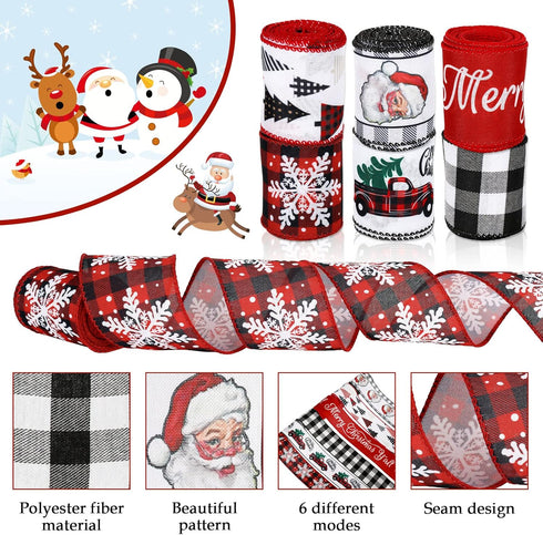 36 Yards Christmas Wired Edge Ribbon 2.5 Inch Farmhouse Craft Ribbon Santa Xmas Tree Truck Snowflake Buffalo Plaids Fabric Ribbon for Gift Wrappin...