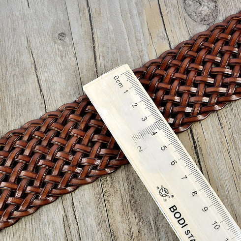 2 Inch Wide Leather Braided Belts for Women 100% Hand Made Soft Woven Waistbands with Round Golden Pin Buckle...