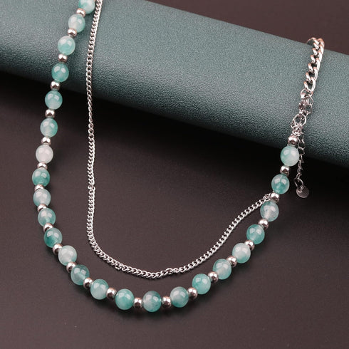 Green Stone Hip Hop Simulated Jade Choker Double Layered Bead Necklace for Men Women...