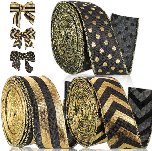1.5 Inch Wedding Ribbon Wired Burlap Stripes Ribbon for Wreath Stripes Dots for Christmas Anniversary Bachelor Party Decor Craft, 3 Rolls (Black a...