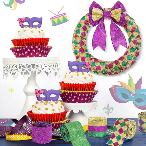 6 Rolls 30 Yards Mardi Gras Wired Edge Ribbon Purple Gold and Green Stripe Ribbon Glitter Metallic Wrapping Ribbon for Mardi Gras Masquerade Party...