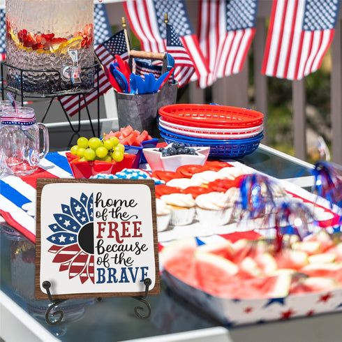 July 4th Petals Wood Plaque With Iron Stand - Home Of The Free Because Of The Brave - 4"x4" Wooden Block Sign, Patriotic Desk Signs, Shelf & Table...