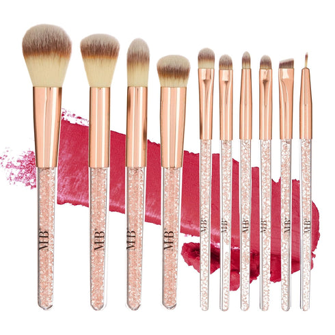 Expressions 10pc Pro Makeup Brush Set w/Sparkling Gemstones in Rose Gold - 10 Quality Soft Bristle Makeup Brushes For Everyday Use - Professional ...