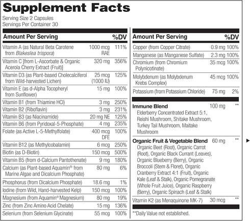 NATURELO Whole Food Multivitamin + Immune Blend with Elderberry & Mushrooms - Complete Multivitamin with Extra Immune Support - C, D3, Zinc, Elder...