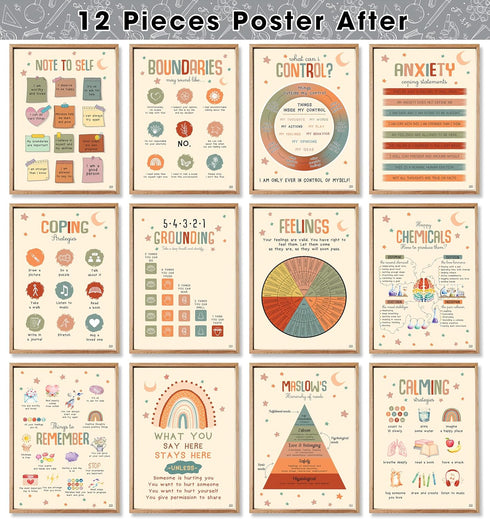 24 Option Colorful Mental Health Posters, 12 Pieces Anxiety Therapy Motivational Poster Counseling Office Must Haves, School Counselor Supplies fo...