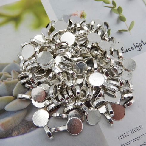 50 pcs Metal Glue On Bails Charms Round Silver Bracelets Earrings Necklaces Pendants Connectors DIY Jewelry Making Crafting Findings 18x10mm...