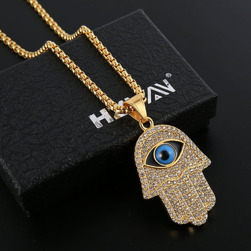 HZMAN 18k Gold Plated Iced Out CZ Stainless Steel Blue Evil Eye Beads Fatima Hamsa Hand Pendant Necklace...
