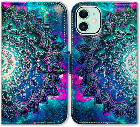 Case for iPhone 12,iPhone 12 Pro Case, Mandala Flower Space Leather Flip Phone Case Wallet Cover with Card Slot Holder Kickstand for iPhone 12/iPh...