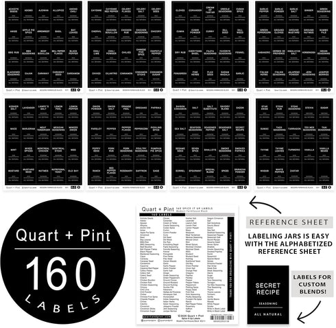 160 Spice Jar Labels: Minimalist Matte Black Sticker White Text. Waterproof Stickers. Organization for Jars Bottles Containers Bins. Storage Rack ...