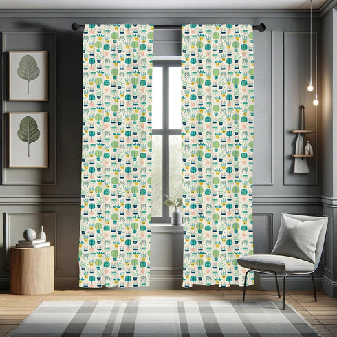 Lunarable Botanical Curtains, Vintage Design Doodle Pattern of Home Plants and Flowers in Pots, Window Treatments 2 Panel Set for Living Room Bedr...