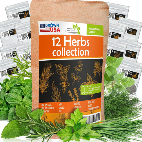 12 Culinary Herb Seeds Pack - Heirloom and Non GMO, Grown in USA - Indoor or Outdoor Garden - Basil, Parsley, Dill, Cilantro, Rosemary, Mint, Thym...