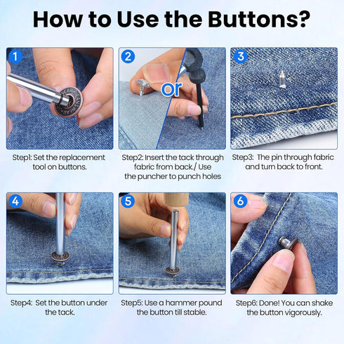 Buttons for Jeans, Jeans Button Replacement with Setting Tool, 30 Sets 6 Styles 17MM Jean Buttons Metal Pants Button Tightener for Denim Jeans, Su...