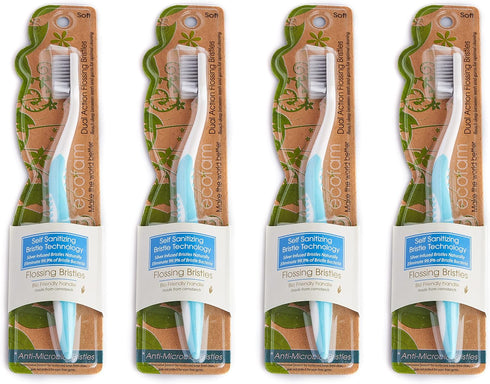 Earth Friendly Compostable Adult Manual Toothbrushes - Silver Infused Soft Bristle Toothbrush (4 Pack) (Blue)...