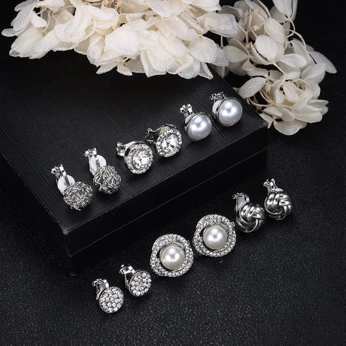 HAIAISO 6 Pairs Clip On Earrings Cubic Zirconia Pearl Knot Twist Clip On Earrings Non Pierced for Women Clip Earrings Set...