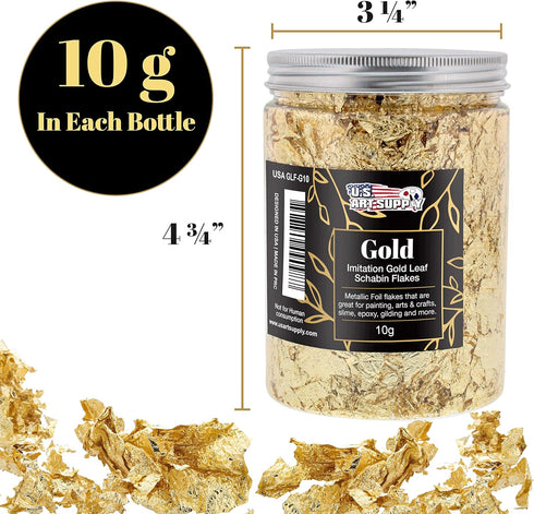 U.S. Art Supply Metallic Foil Schabin Gilding Gold Leaf Flakes - Imitation Gold in 10 Gram Bottle - Gild Picture Frames, Paintings, Furniture, Dec...