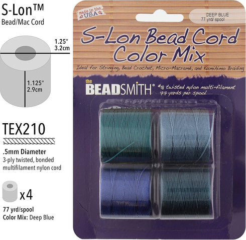 The Beadsmith S-Lon #18 Nylon Cord – Deep Blue Sea Mix – Tex210 Cord, 5mm Diameter, 4-Pack, 77 Yard Spools – for Stringing Beading Crochet, Micro-...