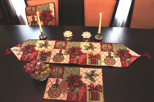 Tache Home Fashion Christmas Green Red Decorative Tapestry Holiday Tidings Poinsettia Table Runners with Tassels, 13 x 90...