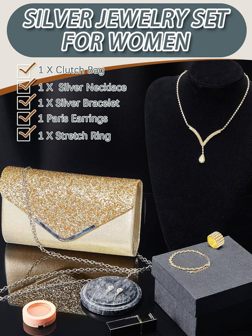 Henoyso 5 Pcs Purse Rhinestone Jewelry Set Rhinestone Clutch Purse Bride Prom Jewelry Necklace Earrings Bracelets for Women (Gold Classic, Novel S...