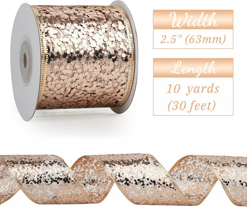 Rose Gold Wired Ribbon 2.5 Inch Rose Pink Shimmery Glitter Metallic Ribbon Mesh Ribbon with Wired Edge for Wreaths Tree Topper Accent Bows Crafts ...