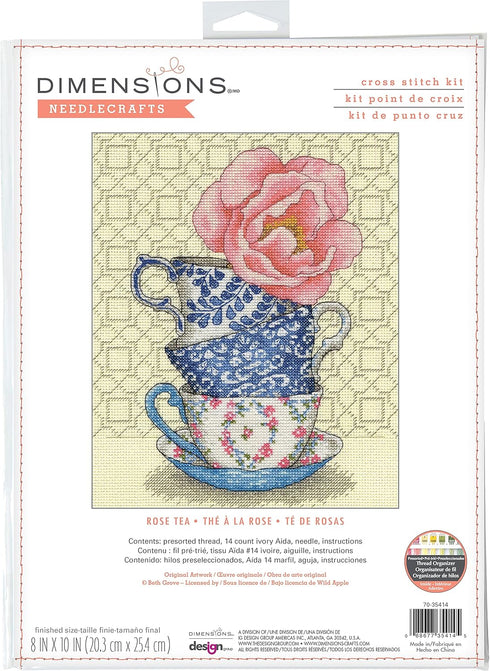 Dimensions 70-35414 Rose Tea Counted Cross Stitch Kit for Beginners, 8" x 10", 14 Cnt. Ivory Aida, 4pcs...