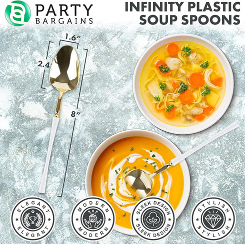 Party Bargains Disposable Plastic White Gold Soup Spoons, Infinity Modern Design Utensils, 20 Pack...