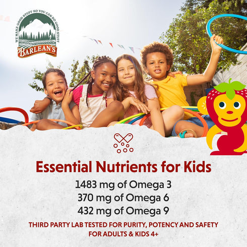 Barlean's Omega Pals Omega 3 for Kids, Yummy Straw-Nana Flavored Children's Liquid Flax Seed Oil Supplement with 1,483 mg ALA, Non-GMO, Vegan Brai...