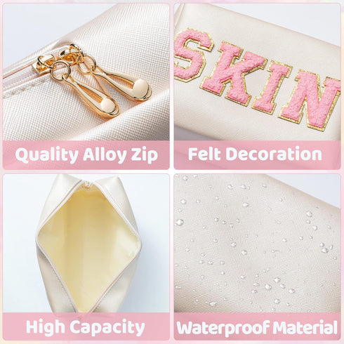 Y1tvei Preppy Patch SKIN Varsity Letter Cosmetic Toiletry Bag PU Leather Portable Makeup Bag Zipper Pouch Storage Purse Waterproof Organizer Gift ...