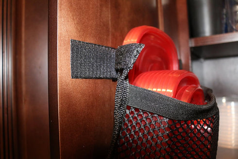 Cabinet Lid Organizer - Red Mesh - Holds 20 Lids - Easy Install Velcro...