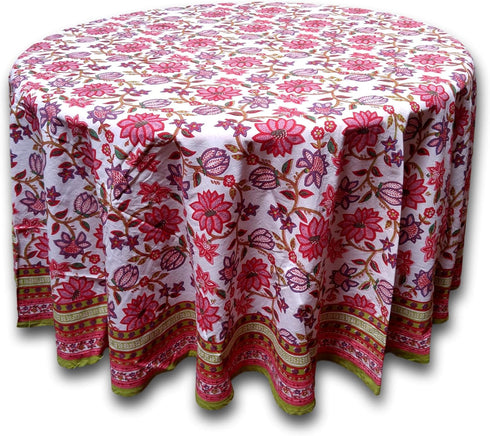 Floral Tablecloth for Round Tables Pink Red Green White Cotton Floral Kitchen Table Linen Round 90 inches...