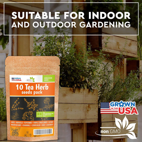10 Herbal and Medical Tea Seeds Pack - Heirloom and Non GMO, Grown in USA - Indoor or Outdoor Garden - Chamomile, Lavender, Mint, Lemon Balm, Catn...