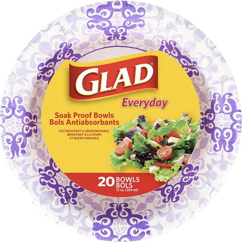 Glad Round Disposable Paper Bowls, Purple Victorian Design - Heavy Duty, Soak Proof, Cut-Resistant, Microwavable Bowl for All Foods & Daily Use, 1...